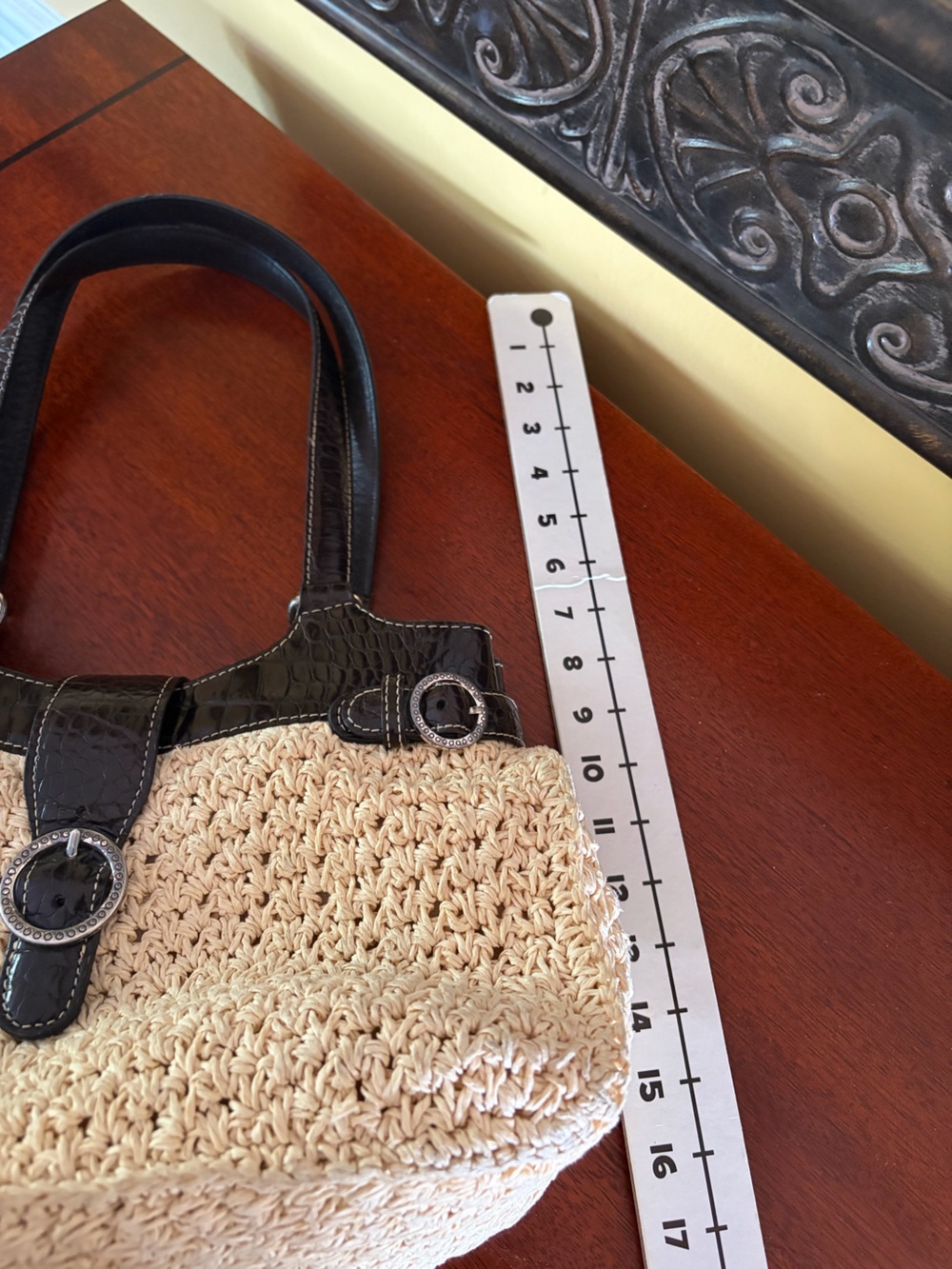 Brighton Straw Handbag with Black Croc-Leather Trim And Brighton Heart Charm - Picture 9 of 11